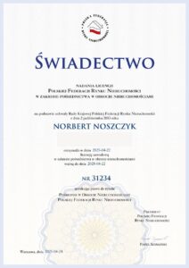 Świadectwo licencji PFRN nr 31234 – Norbert Noszczyk