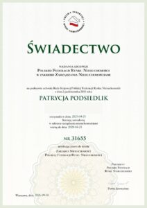Świadectwo licencji PFRN nr 31655 – Patrycja Podsiedlik