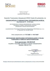 Certyfikat polisy OC pośrednika w obrocie nieruchomościami nr GL50/003517/25/A/001243 – ERGO Hestia, CKDOM Sp. z o.o.