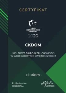 Certyfikat Lider Nieruchomości Otodom 2020 – najlepsze biuro nieruchomości w województwie świętokrzyskim, CKDOM Kielce