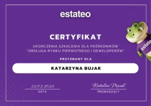 Certyfikat ukończenia szkolenia estateo „Obsługa rynku pierwotnego i deweloperów” – Katarzyna Bujak, CKDOM Prime